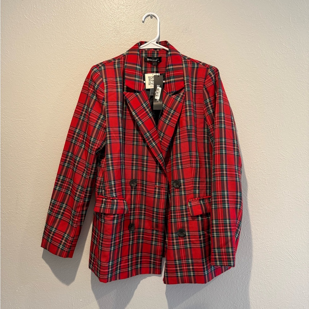 Allegra K. Red Plaid Double-Breasted Blazer.       PTP 20”, Length 28”